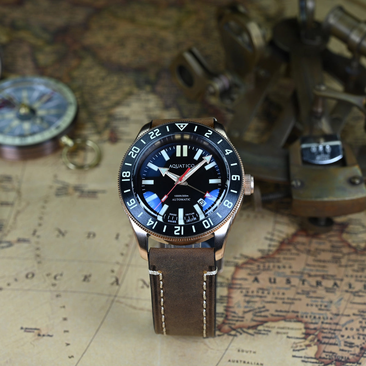 Aquatico Bronze Raider black dial GMT on brown leather