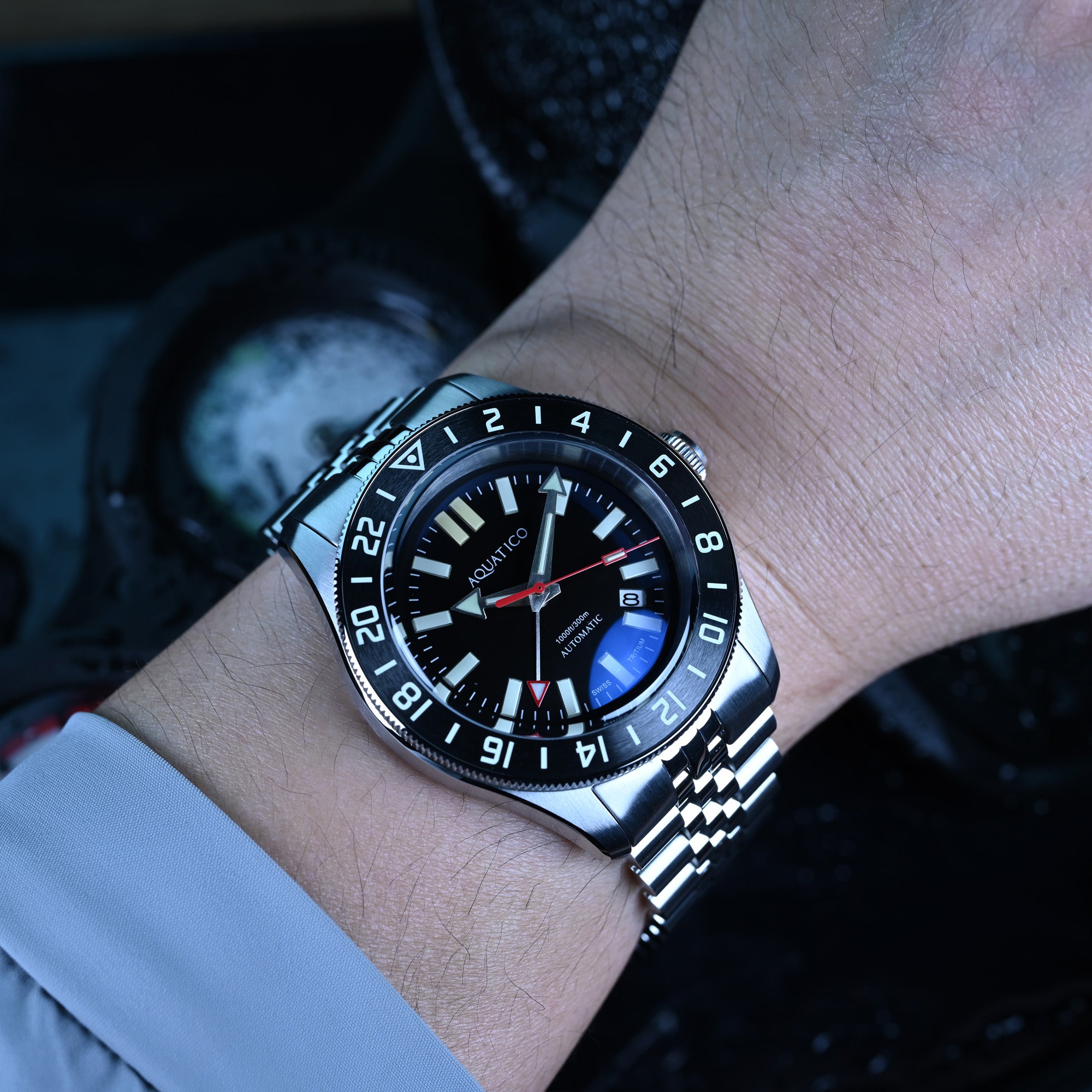 Black dial automatic GMT tritium dive watch