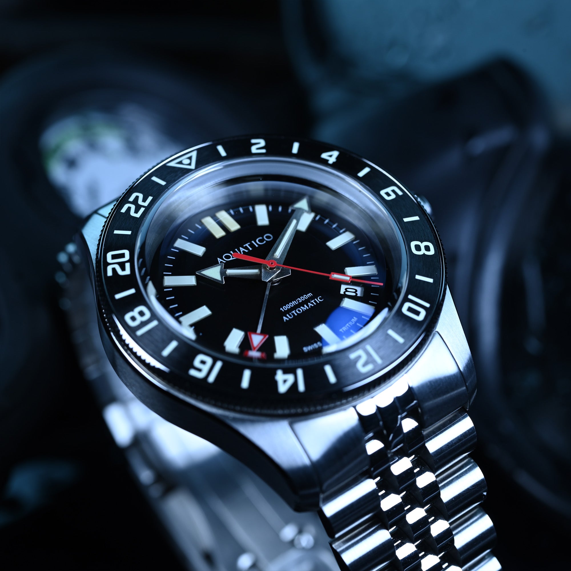 Aquatico black dial GMT tritium automatic dive watch