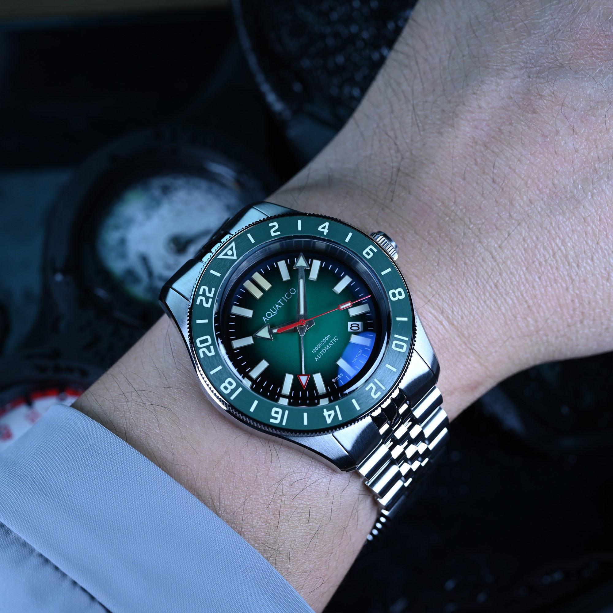 Green dial automatic GMT tritium dive watch