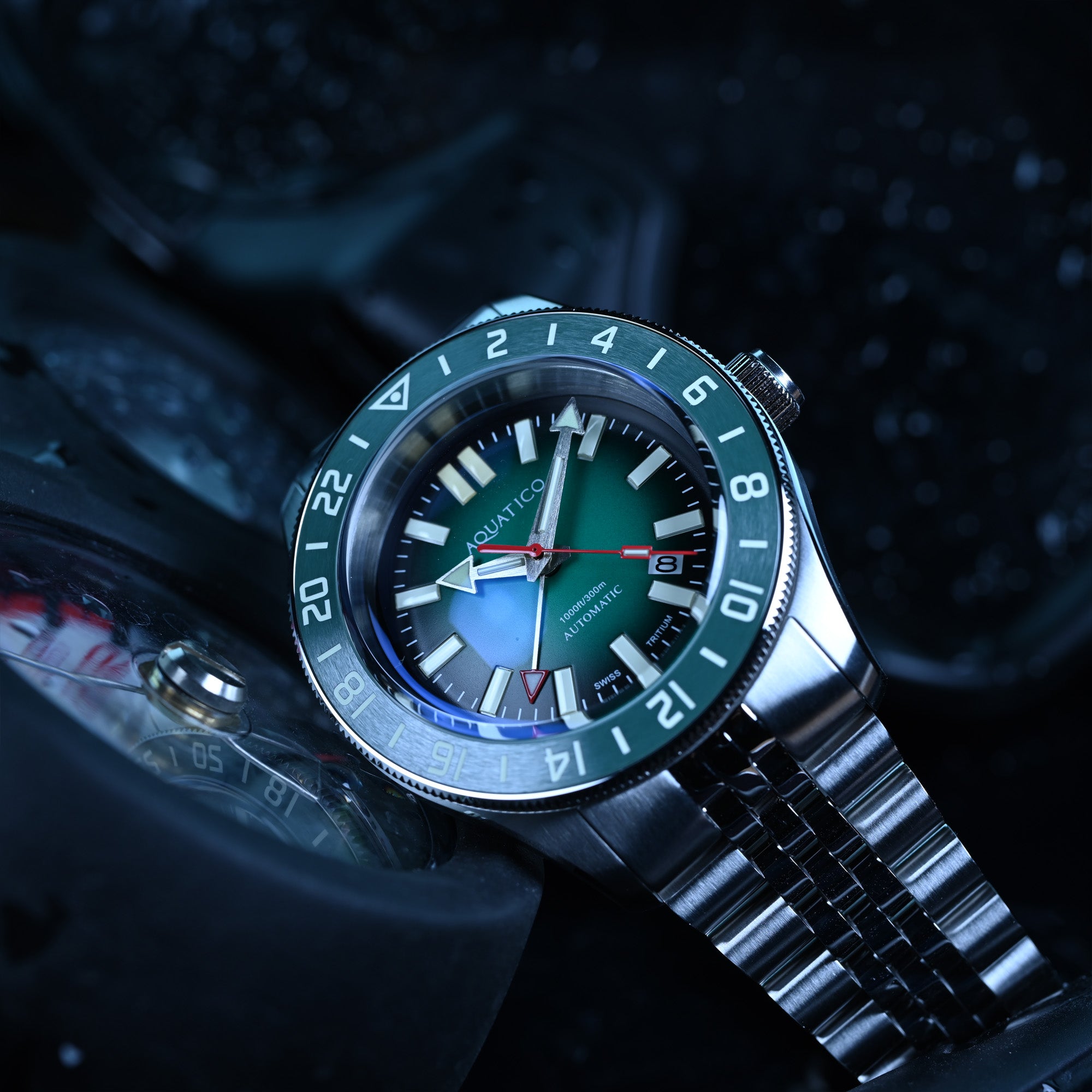 Aquatico green dial GMT tritium automatic dive watch