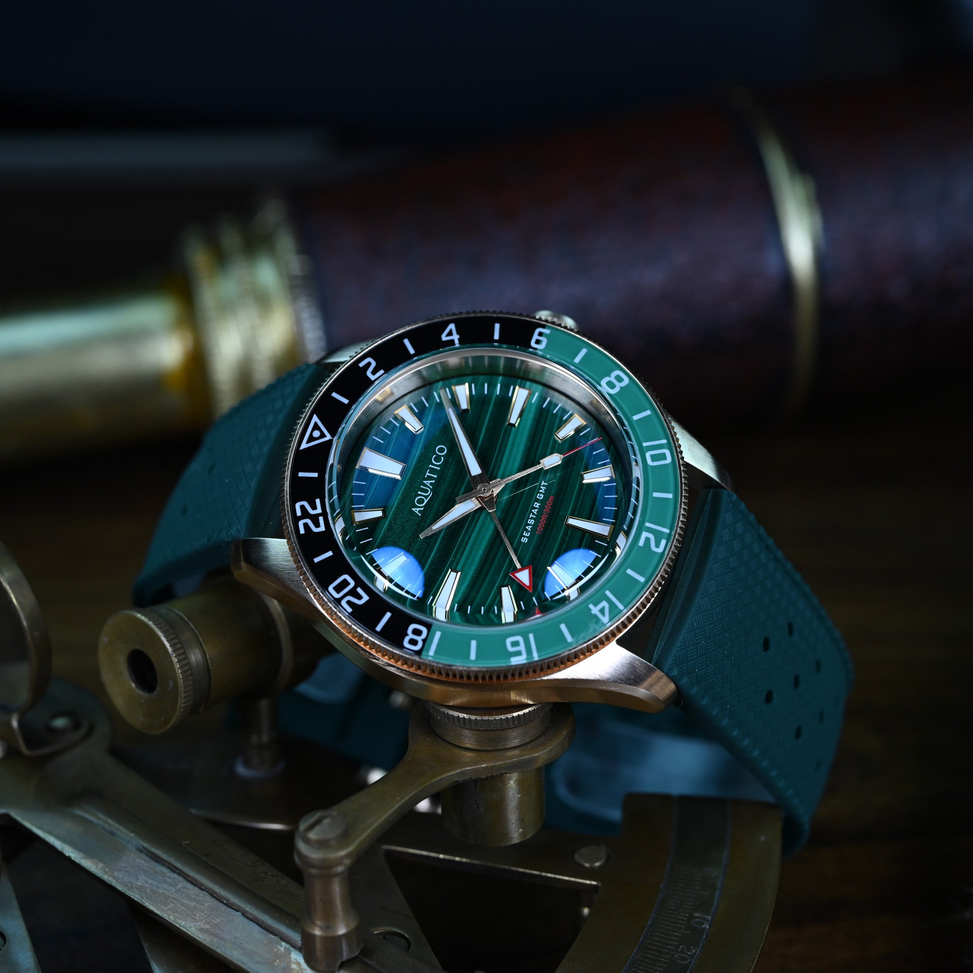Luxury bronze watch with natural malachite green dial