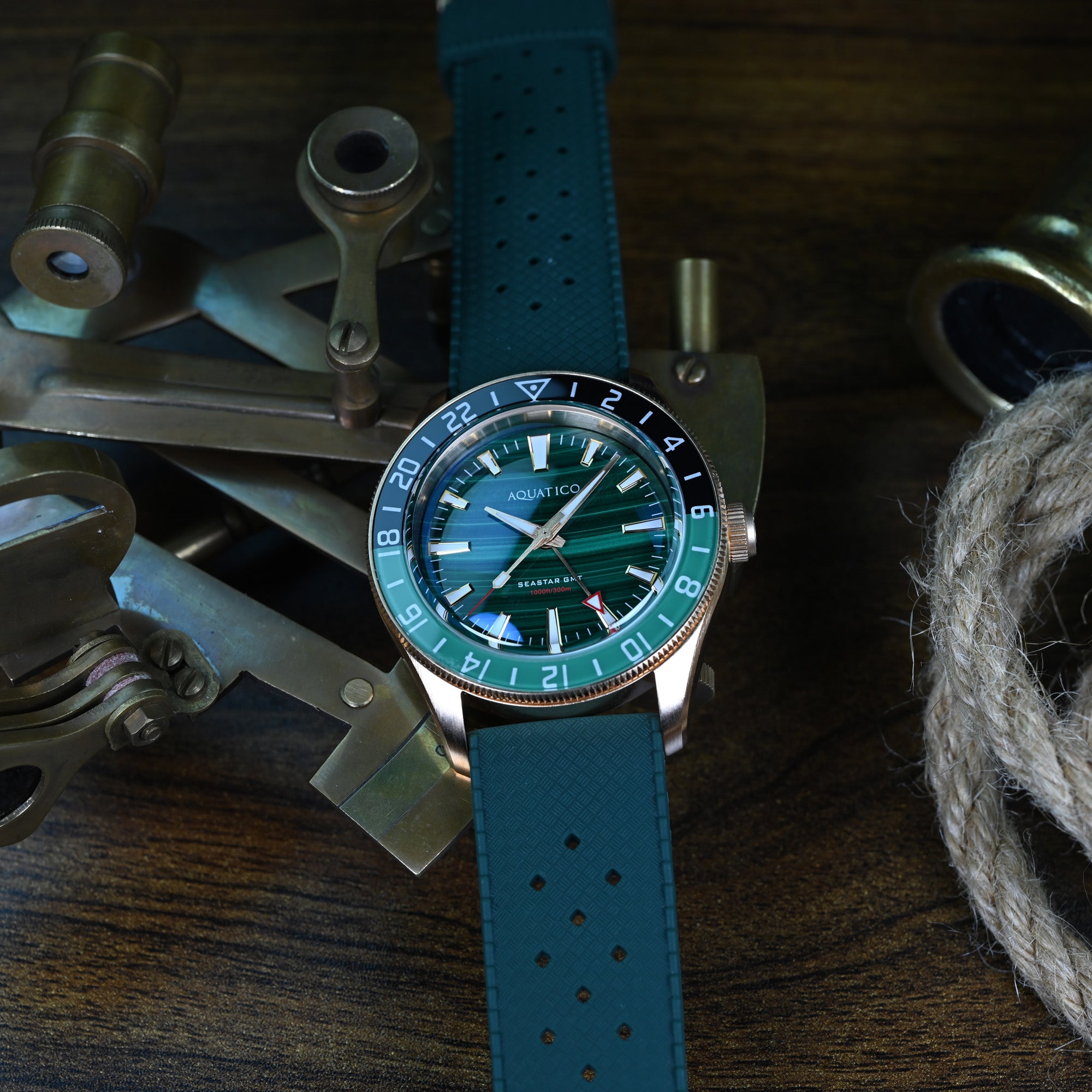 Bronze GMT watch with natural green malachite dial