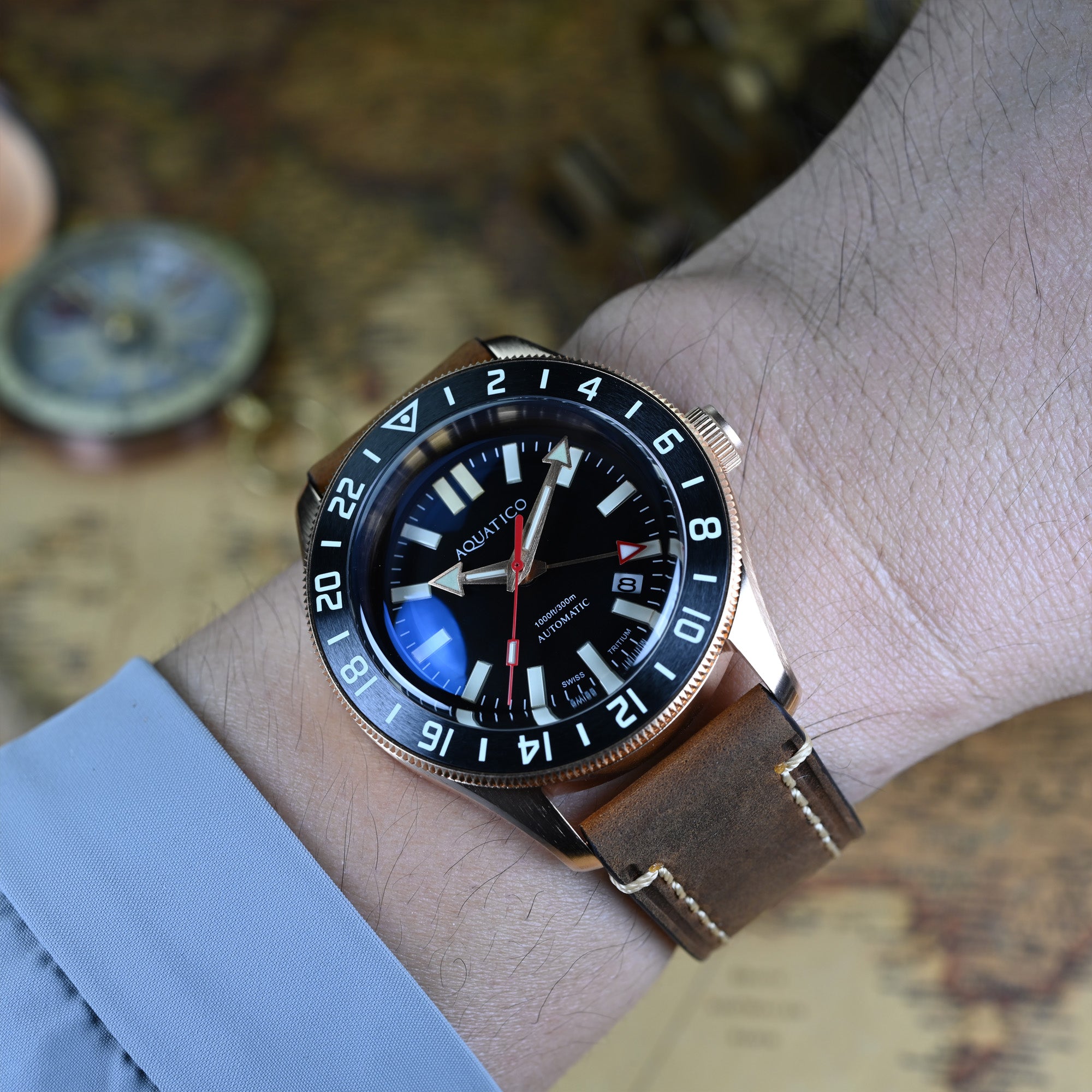 Bronze GMT Watch with Swiss T100 Tritium Tubes