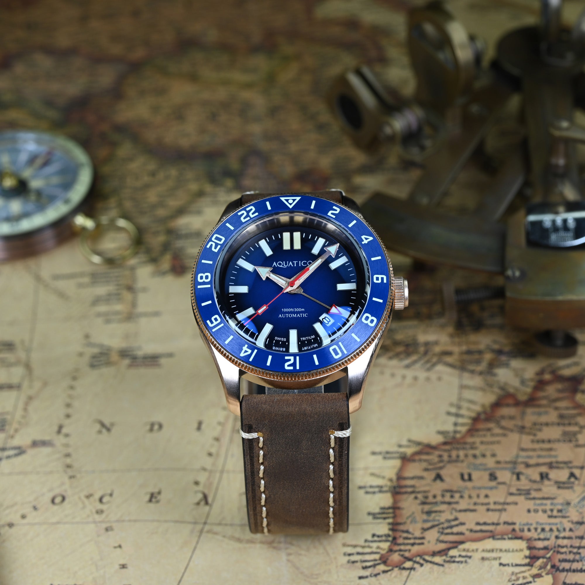 Bronze Tritium GMT Watch Blue Dial