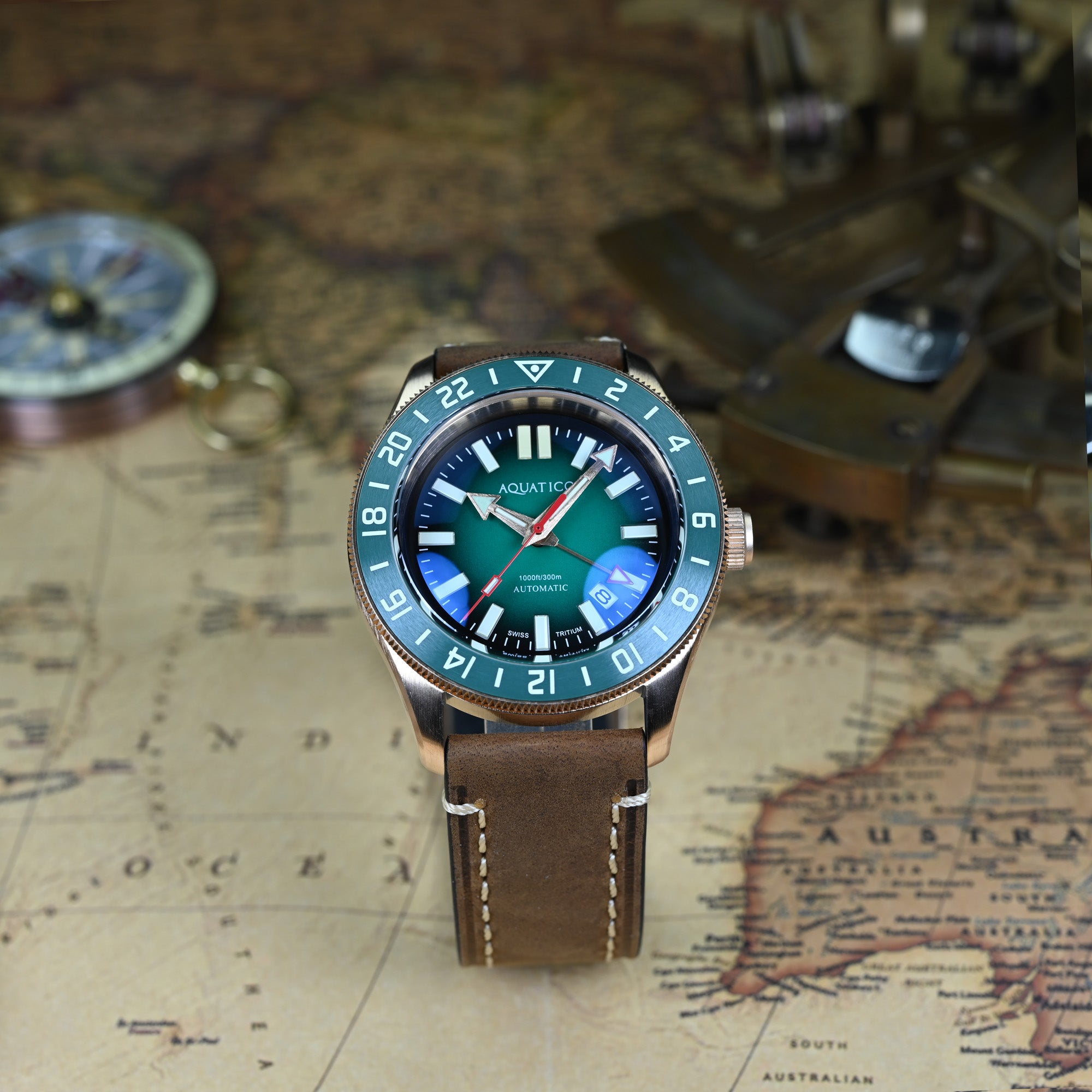 Bronze Tritium GMT Watch Green Dial