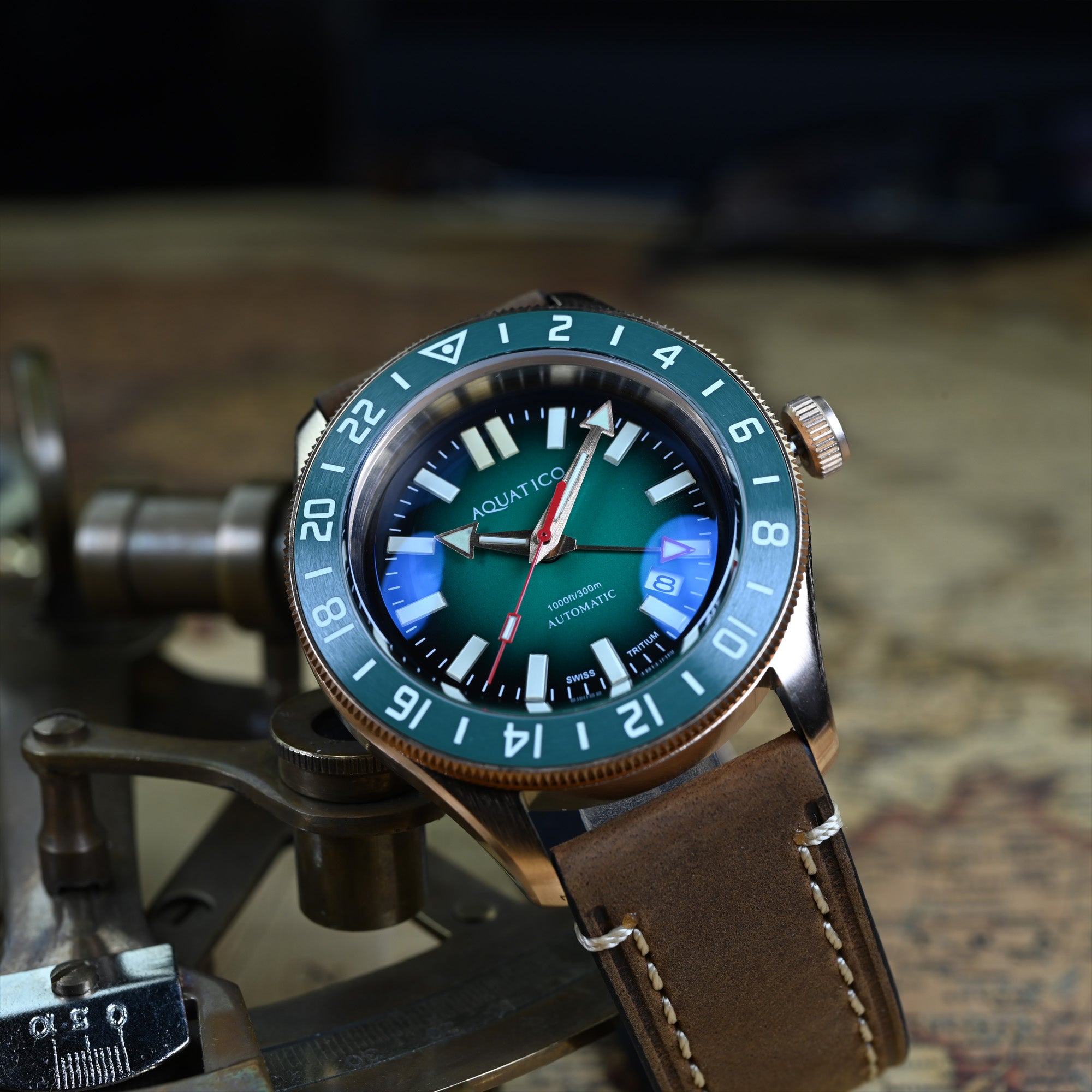 Automatic Bronze GMT Watch with Green Dial