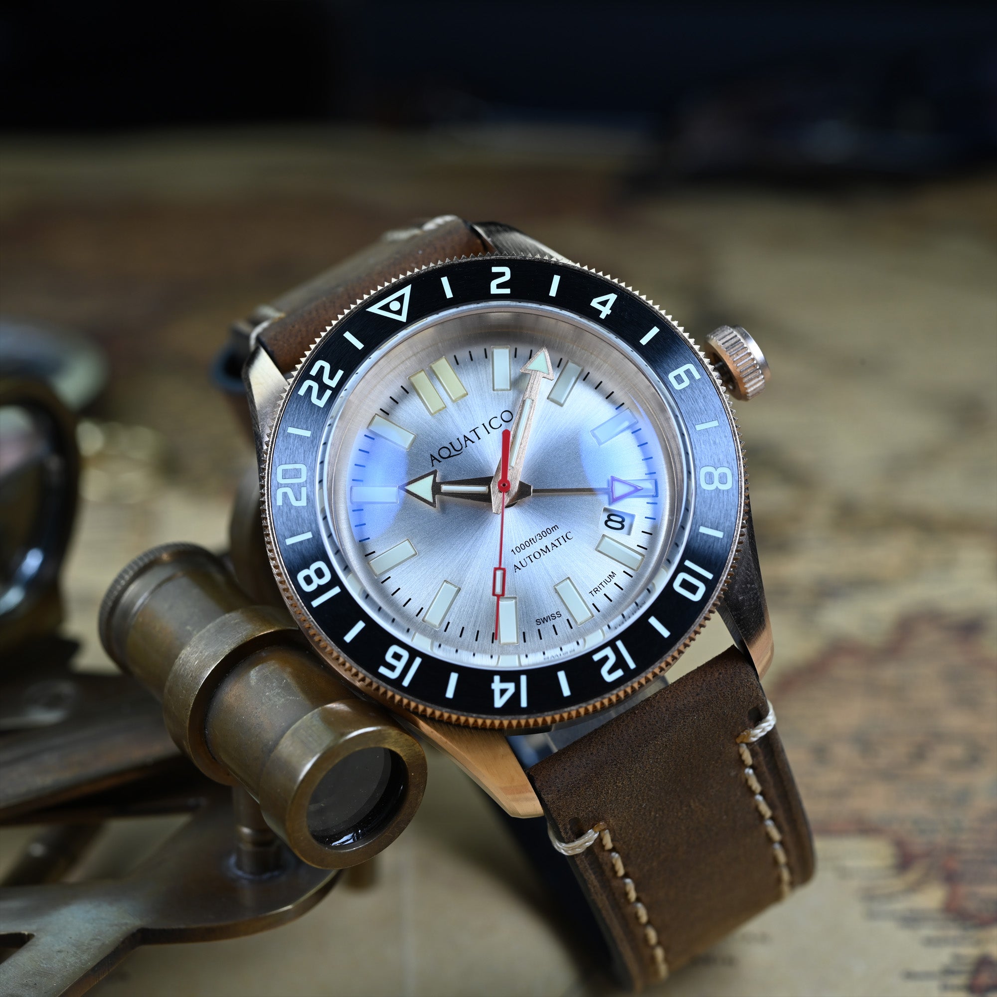 Aquatico Bronze Tritium GMT Watch Silver Dial