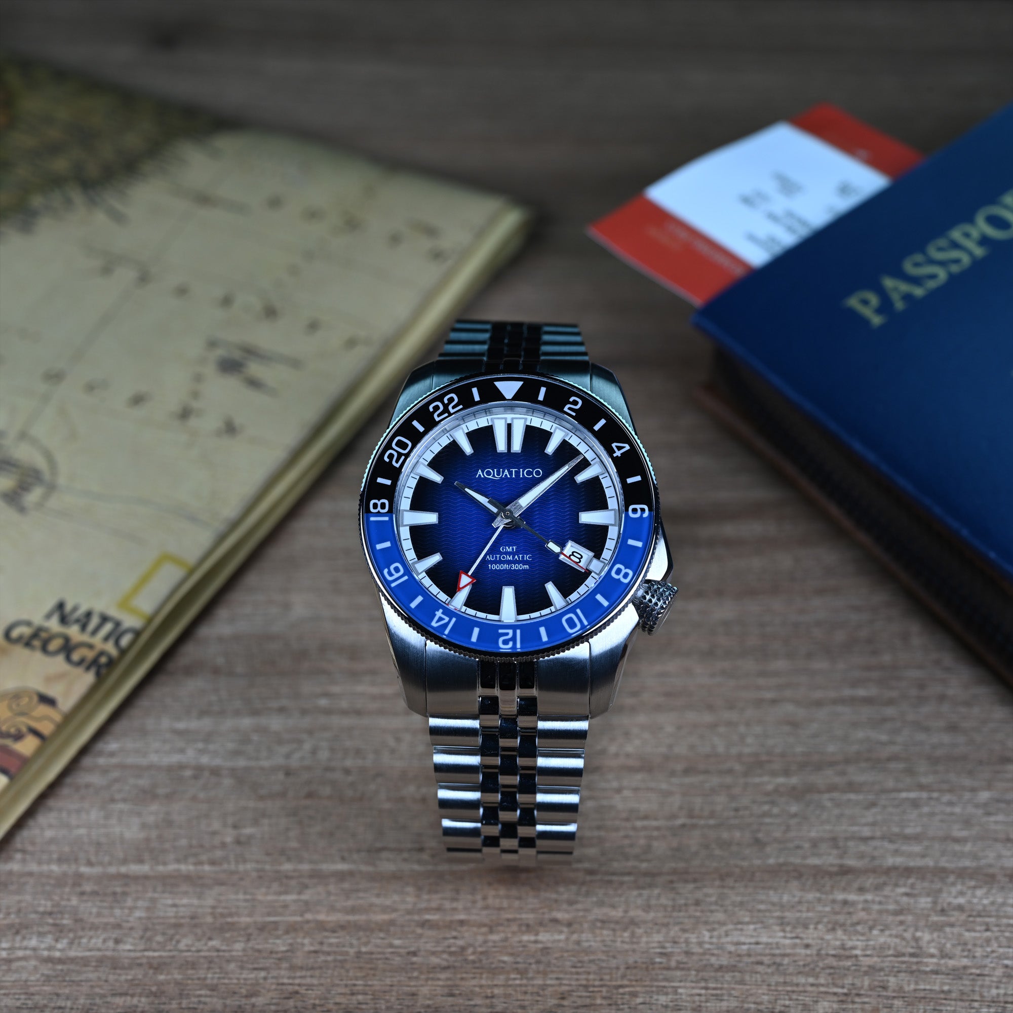 Aquatico Maritime GMT blue dial automatic dive GMT watch