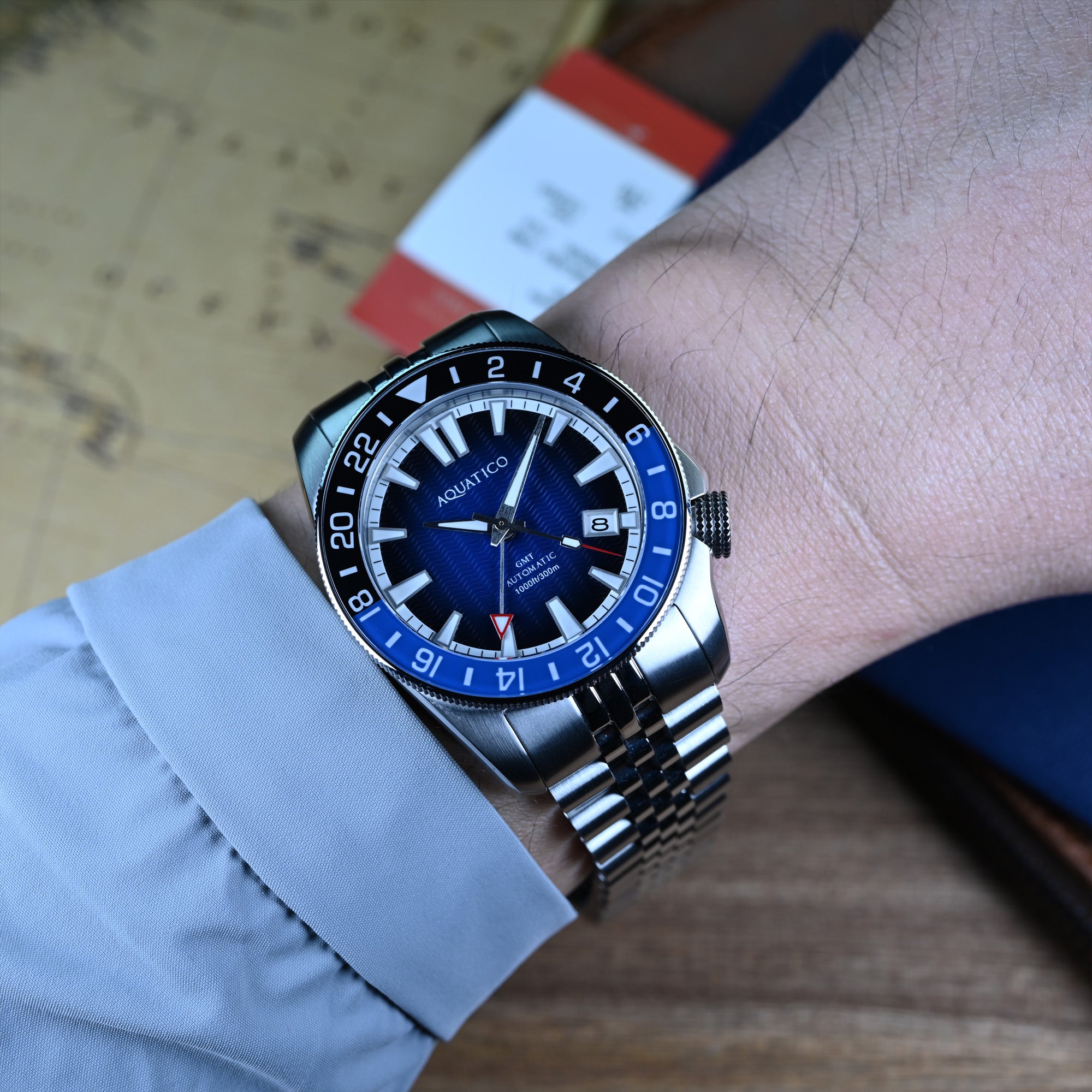 40mm blue dial automatic GMT dive watch on wrist