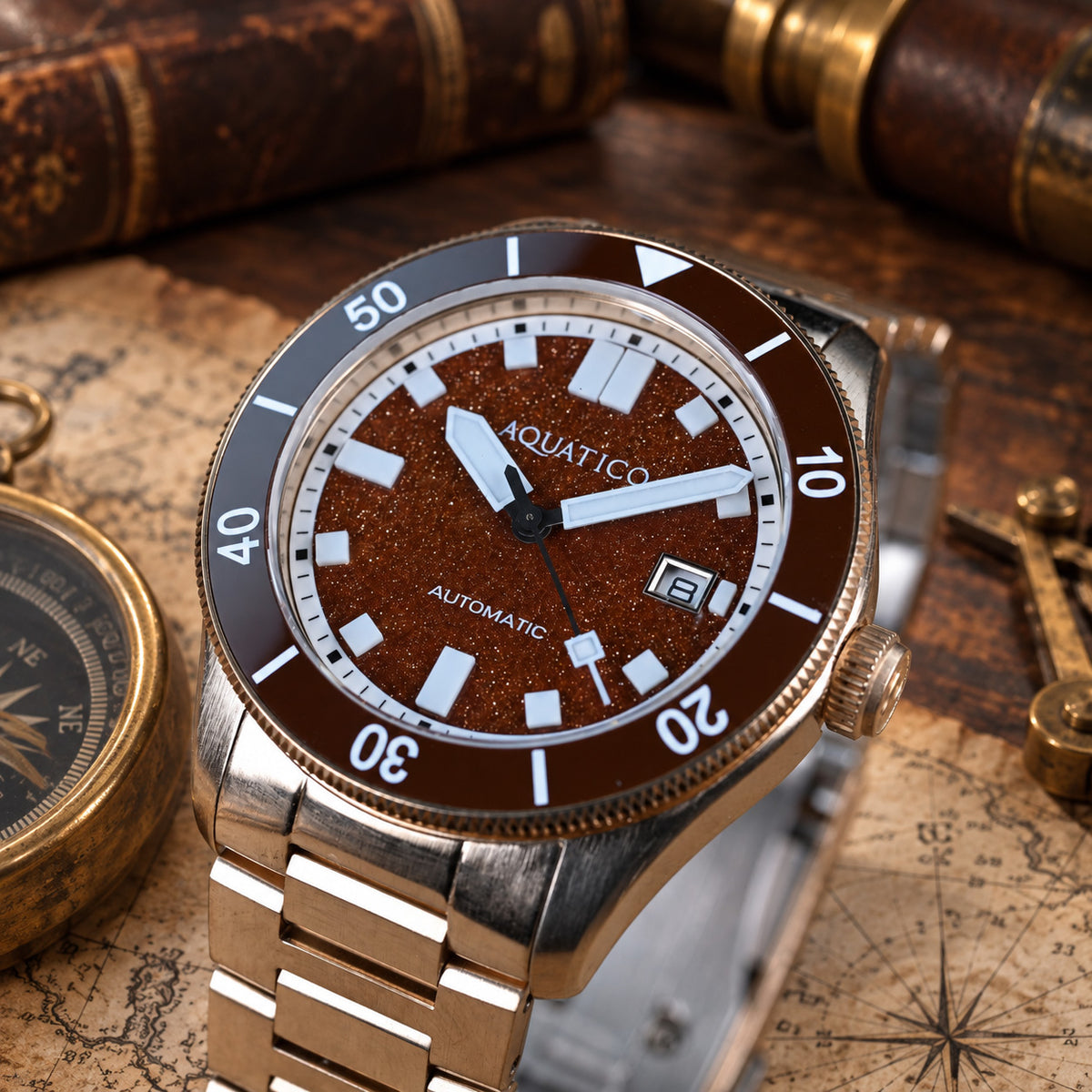 Bronze case automatic watch with textured red stone dial