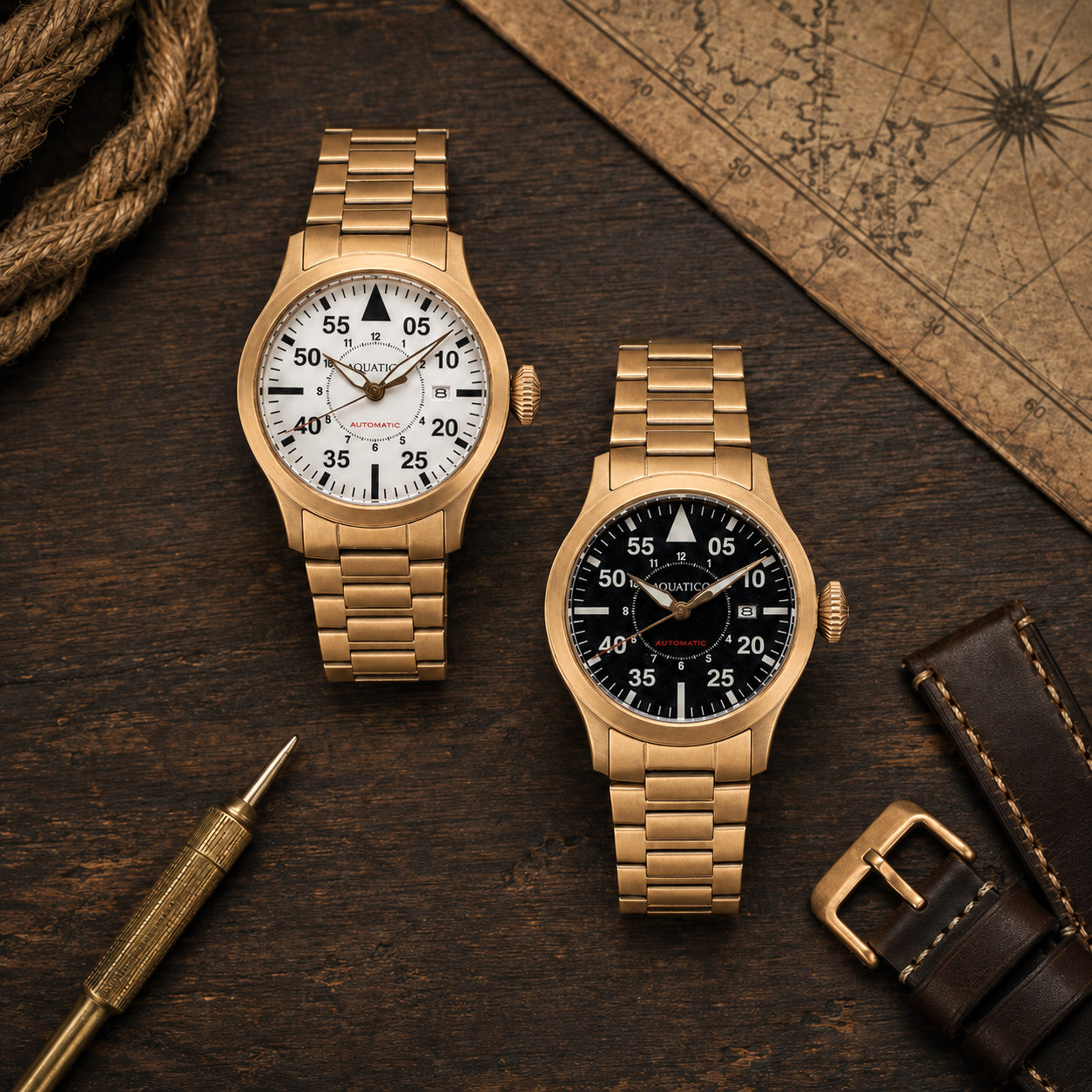 Two Aquatico bronze pilot watches with bronze bracelets on a vintage map