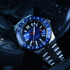 Automatic GMT tritium watch with blue dial and dive bezel