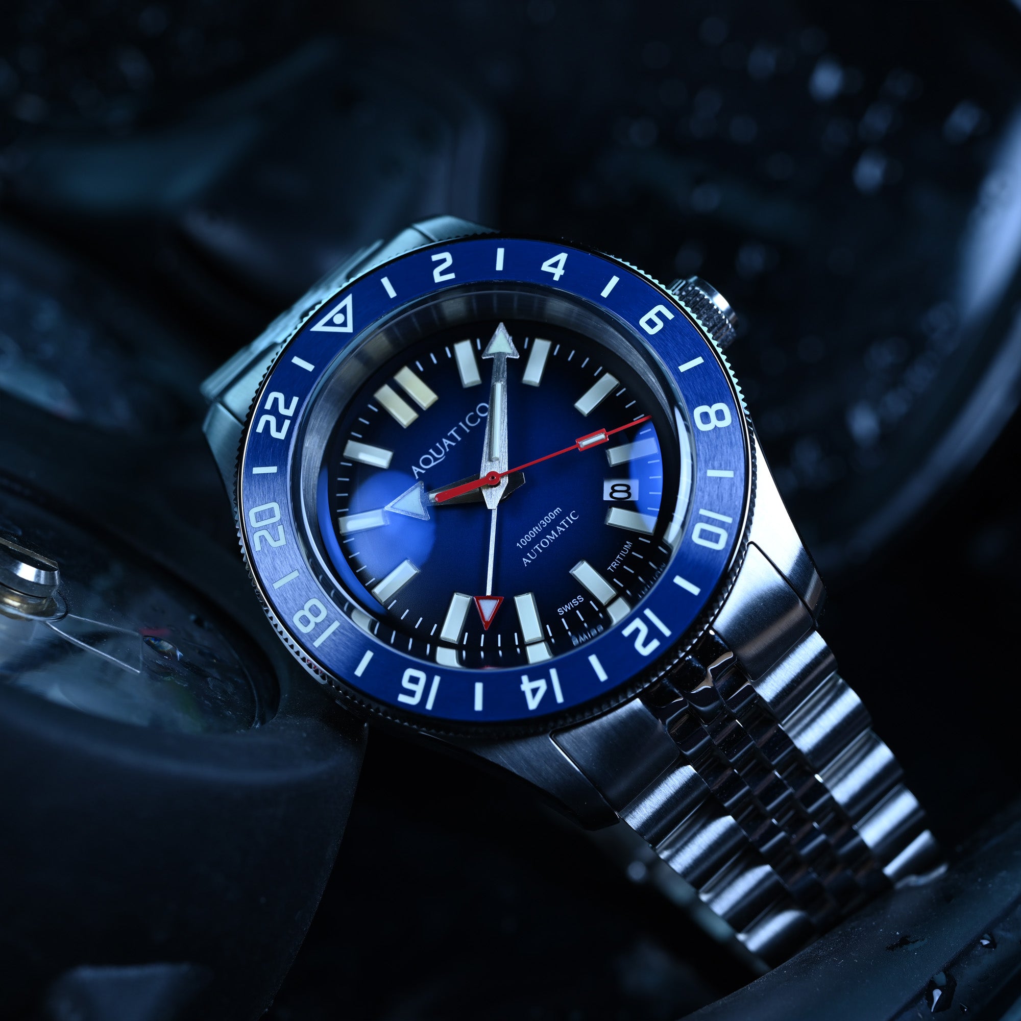 Automatic GMT tritium watch with blue dial and dive bezel