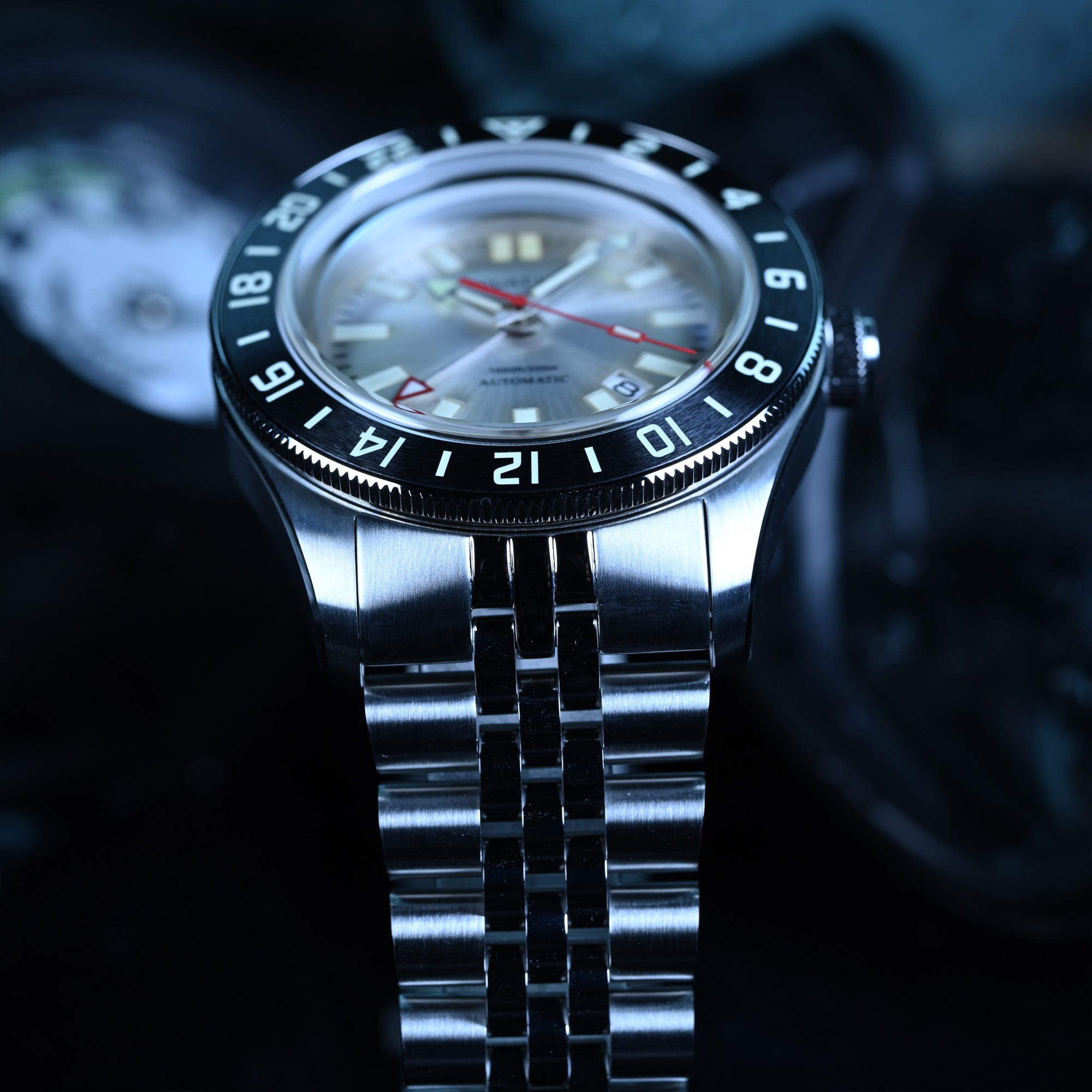 Aquatico silver dial GMT tritium automatic dive watch