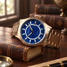 Close-up of the Aquatico lapis lazuli dial showing blue stone texture and hour markers