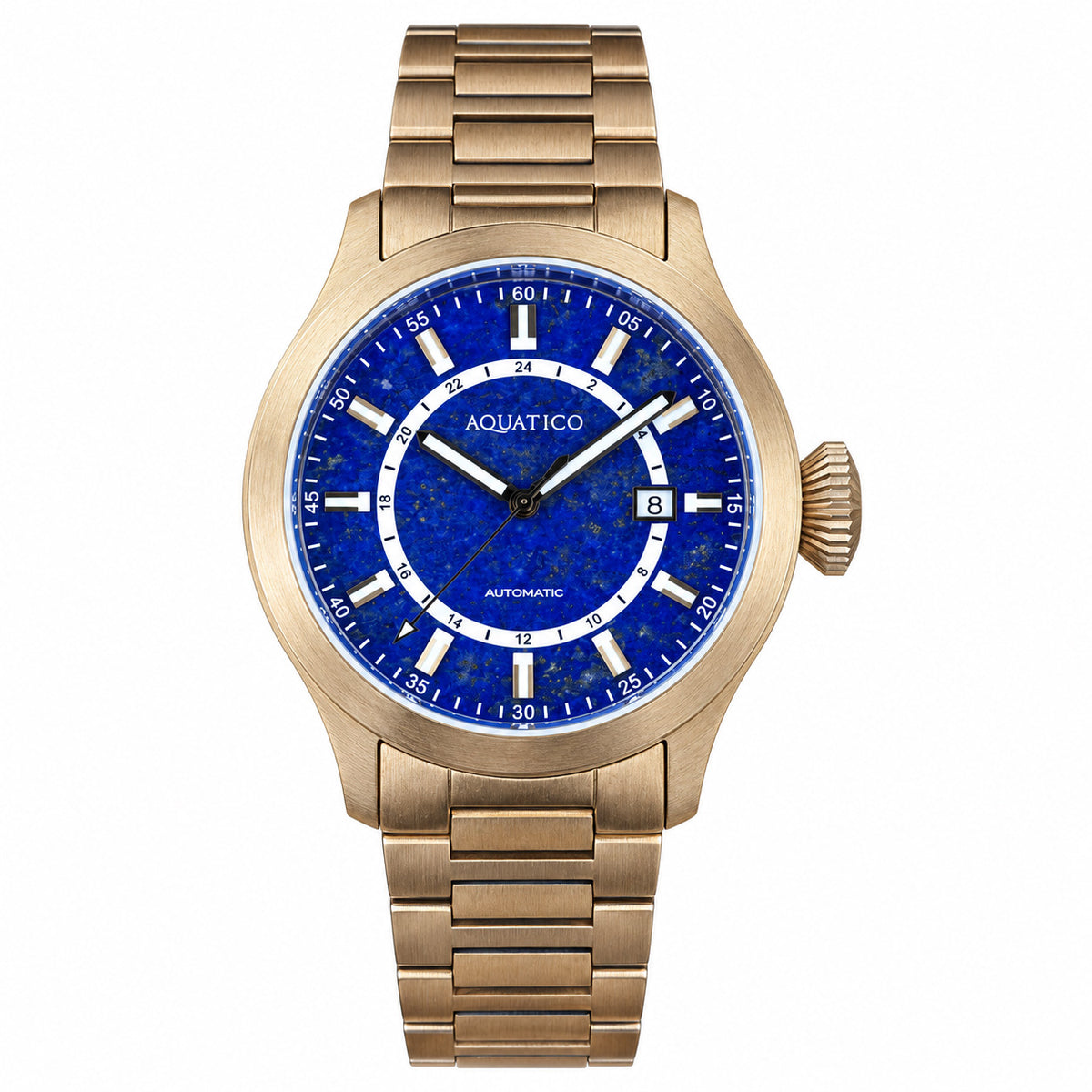 Aquatico bronze automatic watch with a deep blue lapis lazuli dial