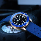 Marine Grade Bronze Dive Watch Blue Dial Close Up