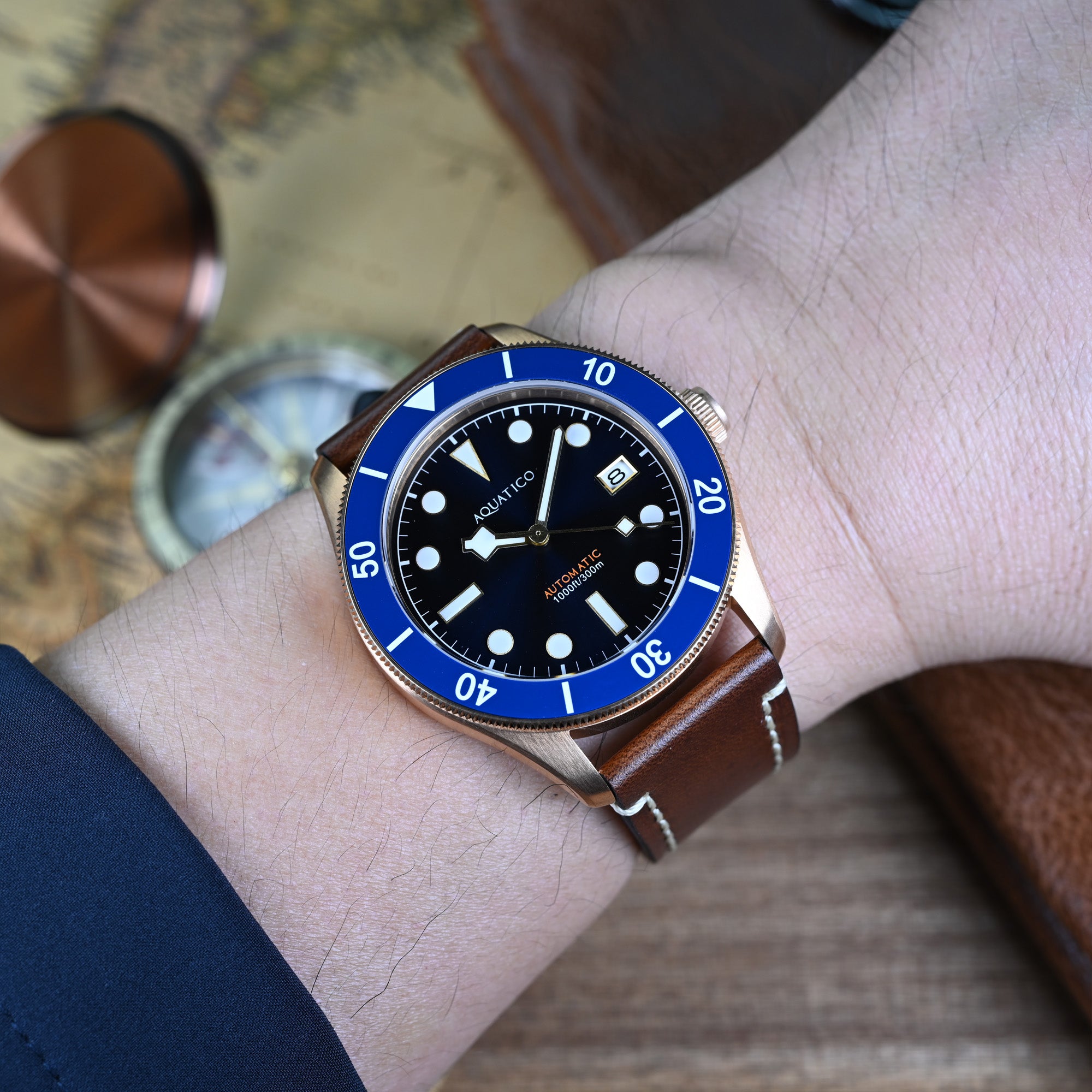 Automatic Bronze Dive Watch Blue Dial on Wrist