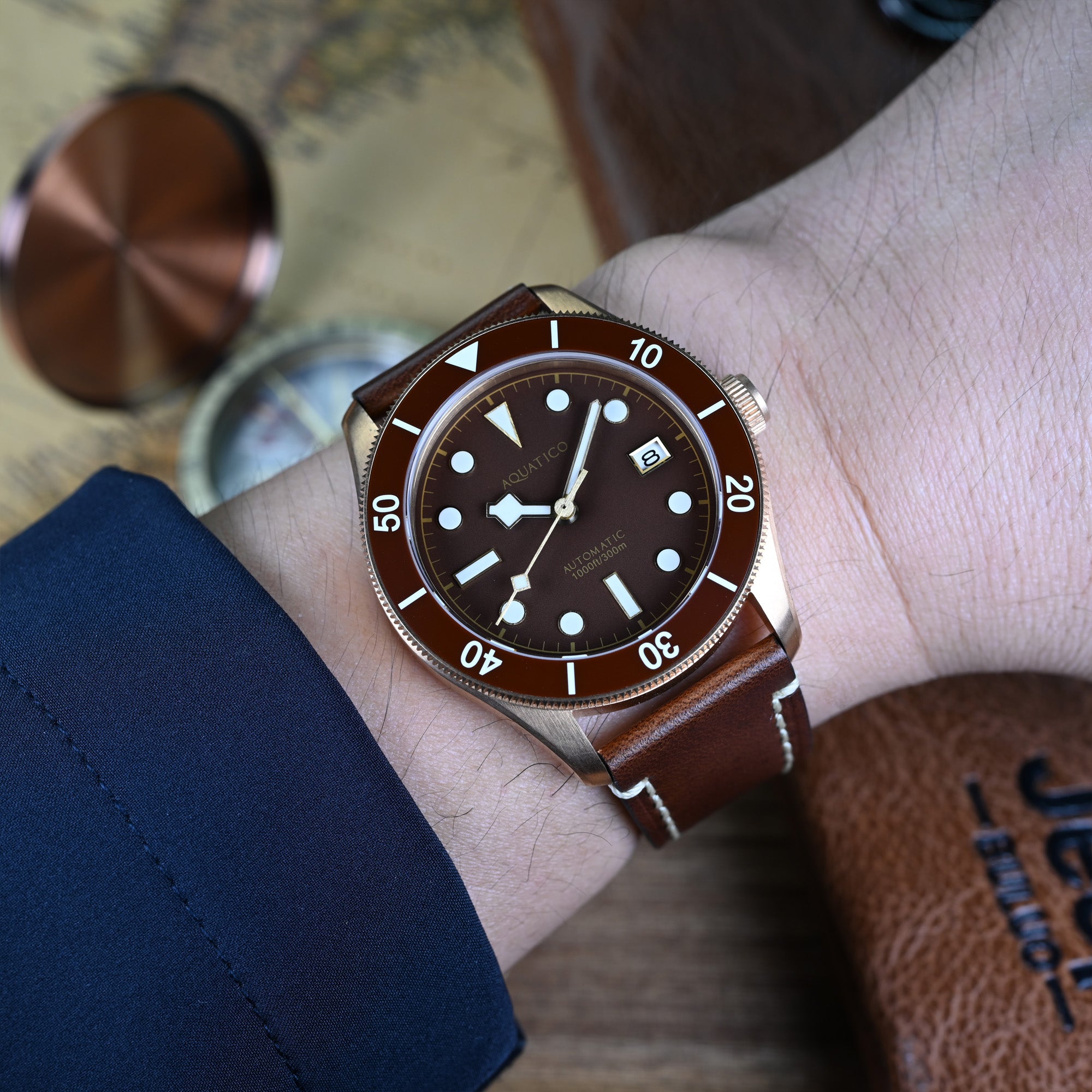 Brown Dial Bronze Dive Watch on Wrist