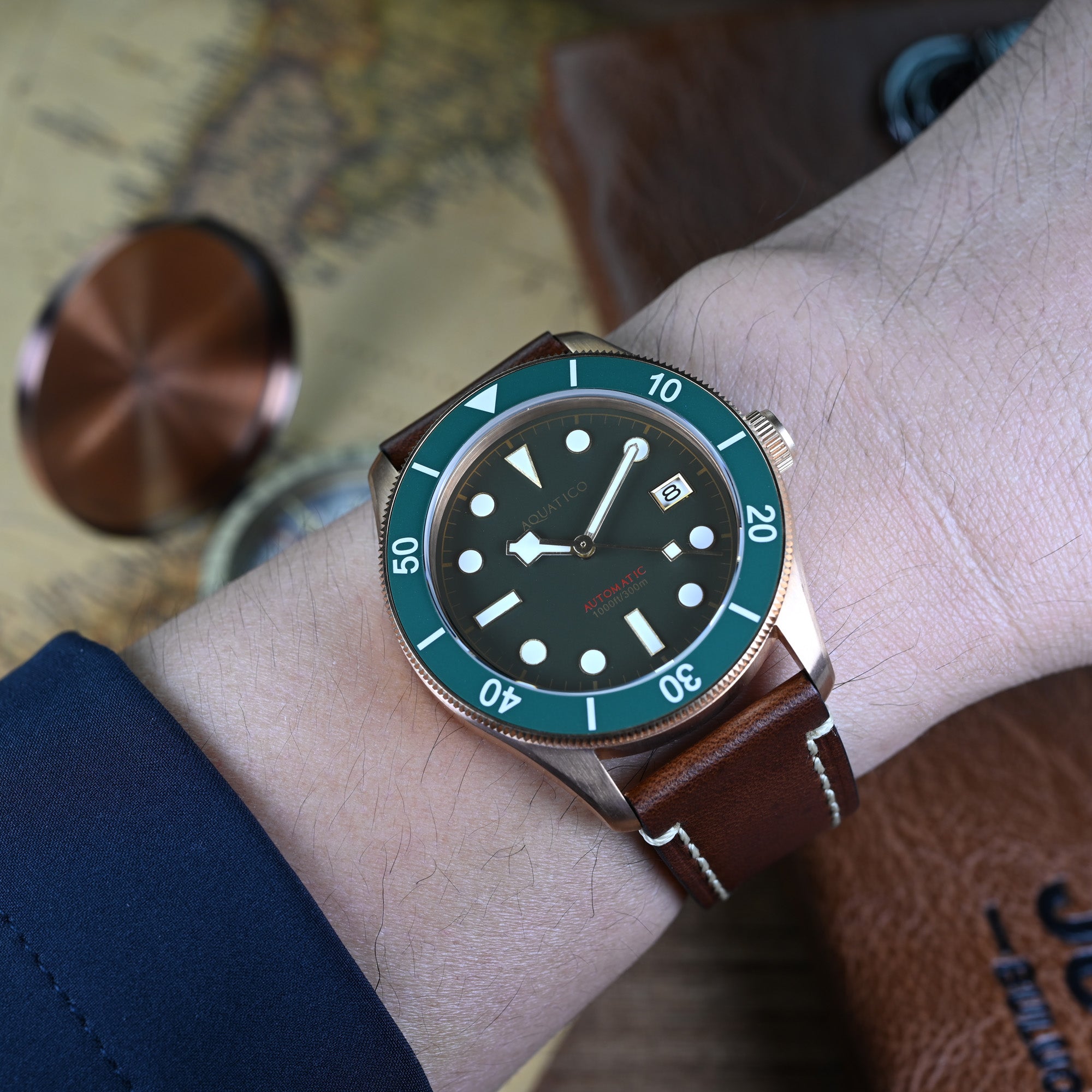 Automatic Bronze Dive Watch Green Dial on Wrist