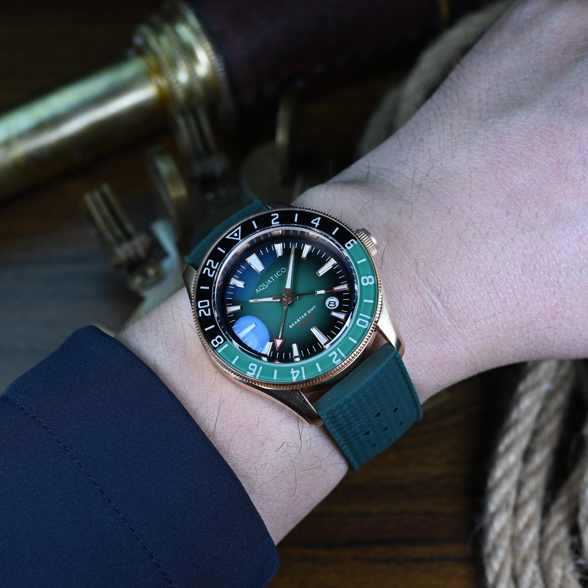Bronze GMT Automatic Watch Green Sunburst Dial