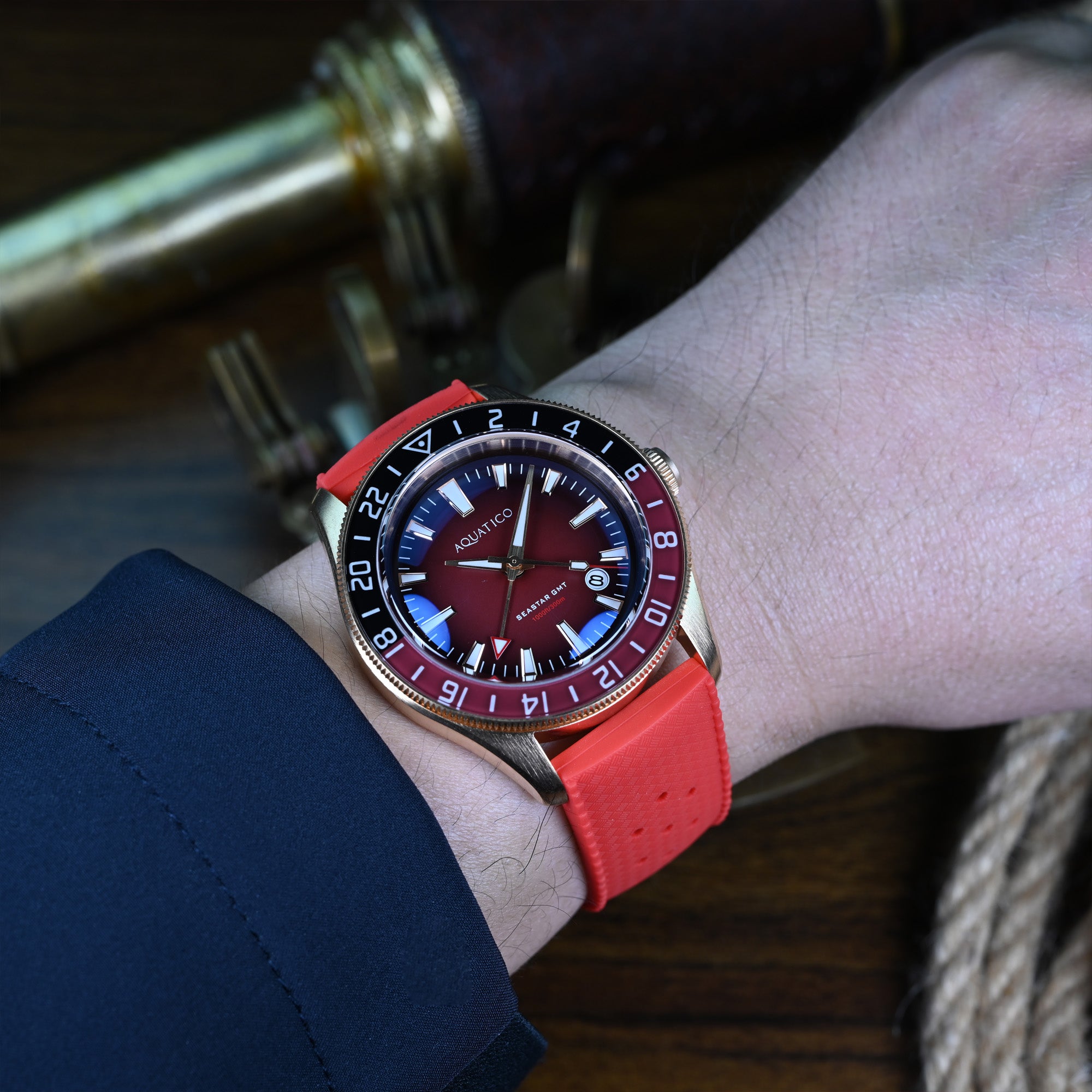 Aquatico Bronze GMT Watch with Red Dial