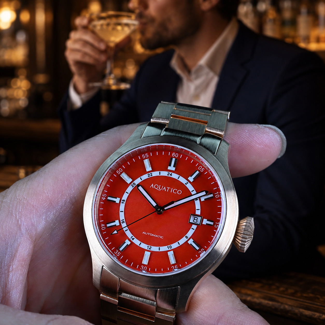 Red agate stone dial on Aquatico Bronze Maverick watch