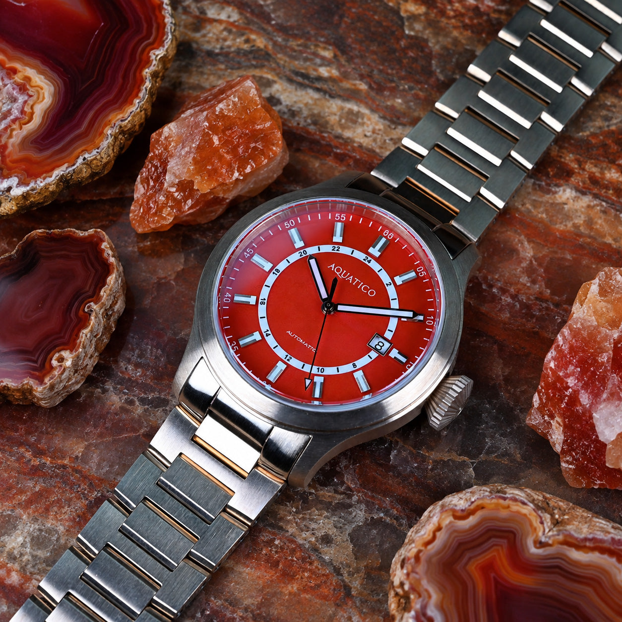 Bronze Maverick red agate stone dial bronze automatic watch
