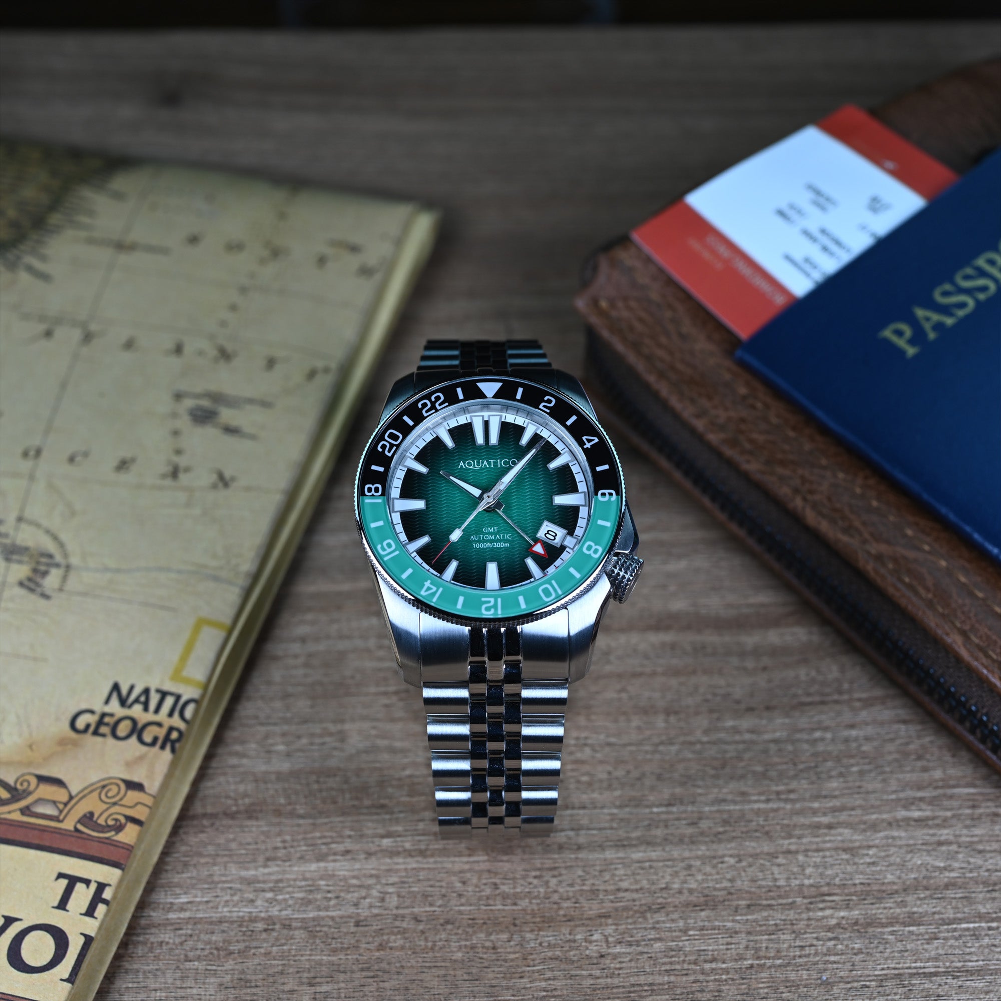 Green dial automatic dive GMT watch with 42mm case