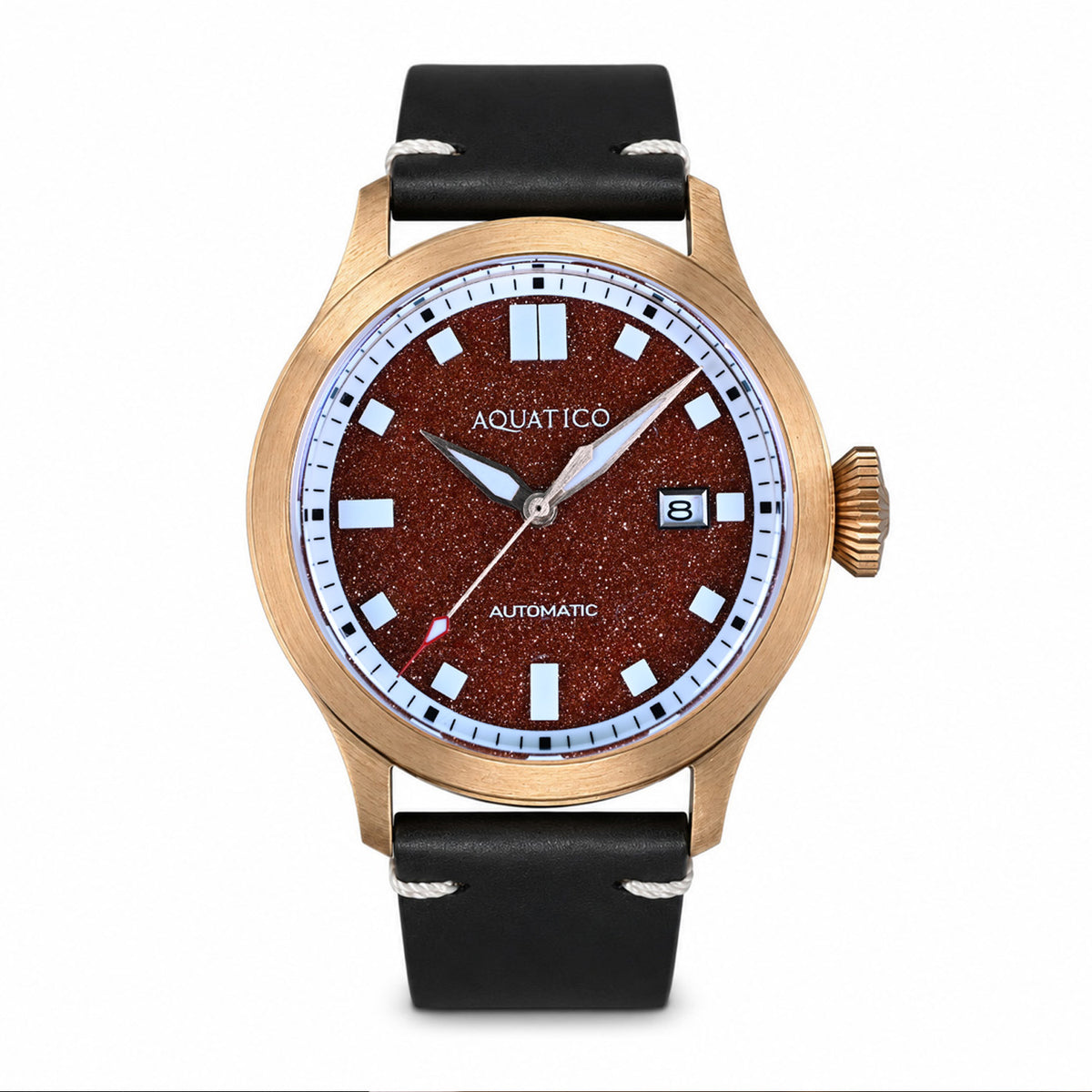 Red aventurine dial watch with a luminous natural stone texture and deep crimson sparkle.