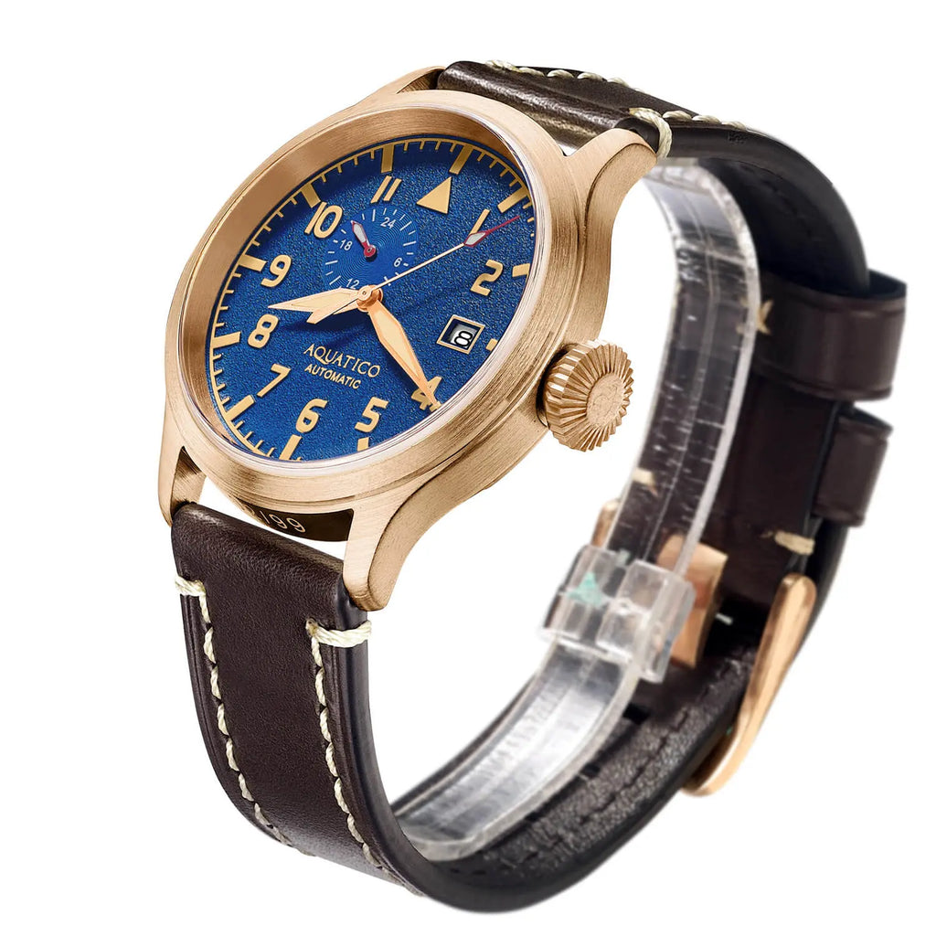Aquatico Big Pilot 43mm Bronze Blue Dial Watch aquaticowatchshop