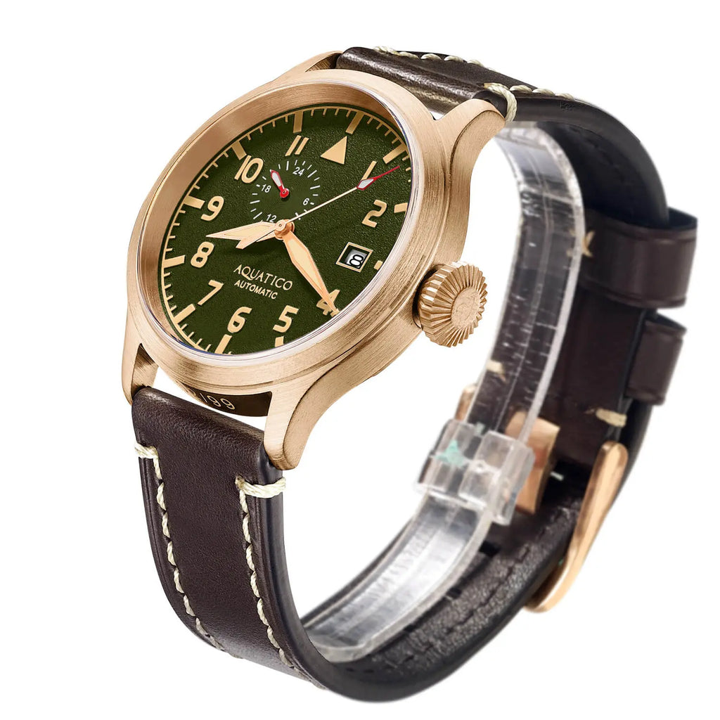 Aquatico Big Pilot 43mm Bronze Green Dial Watch aquaticowatchshop